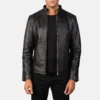 men leather biker jacket in black and brown sheepskin leather with zipper and band-style collar by Vorann in UK