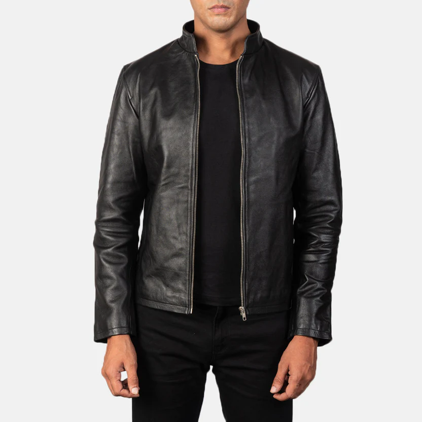 men leather biker jacket in black and brown sheepskin leather with zipper and band-style collar by Vorann in UK