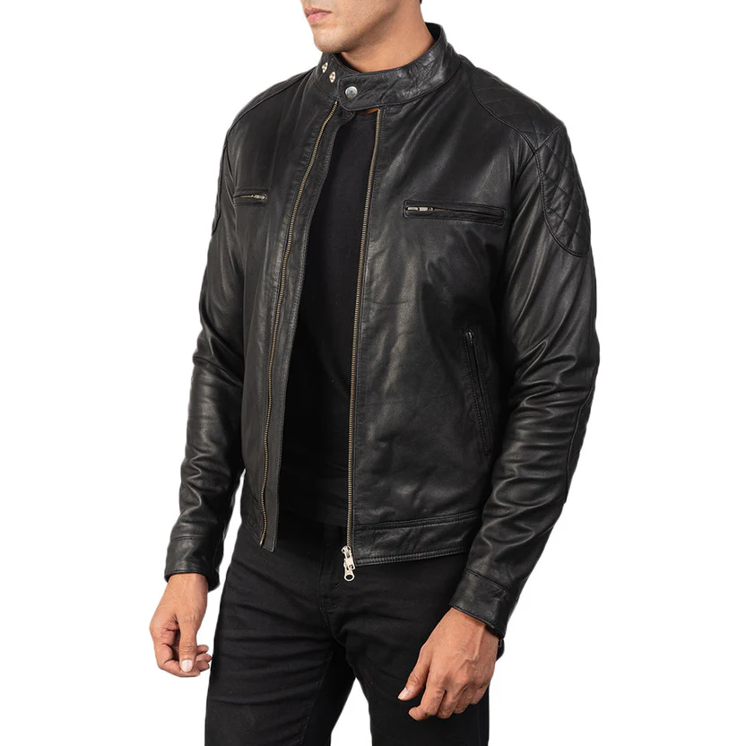 men leather biker jacket in black real sheepskin leather with band-style collar, quilted shoulders, and zipper cuffs by Vorann in UK