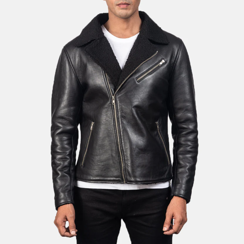 men shearling leather jacket in black real leather with zipper and warm lining by Vorann in UK