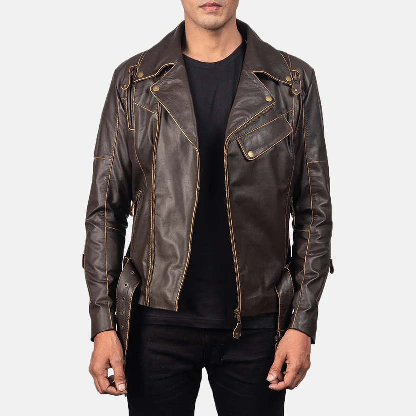 Vincent Brown Leather Biker Jacket - Image 8