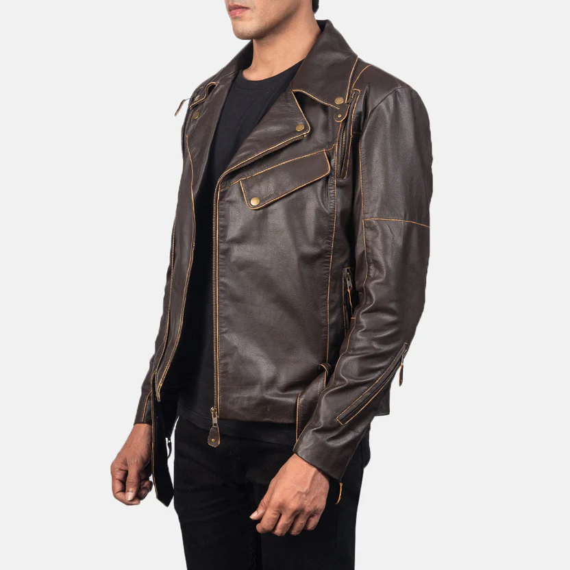Vincent Brown Leather Biker Jacket - Image 10