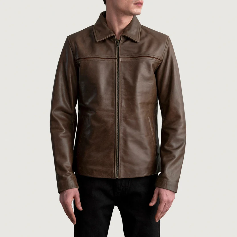 men Urban Jacket in black and brown real sheepskin leather with shirt-style collar and multiple pockets by Vorann UK