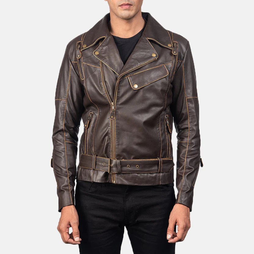 Vincent Brown Leather Biker Jacket - Image 11