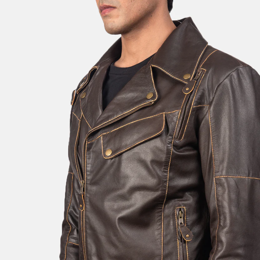Vincent Brown Leather Biker Jacket - Image 9