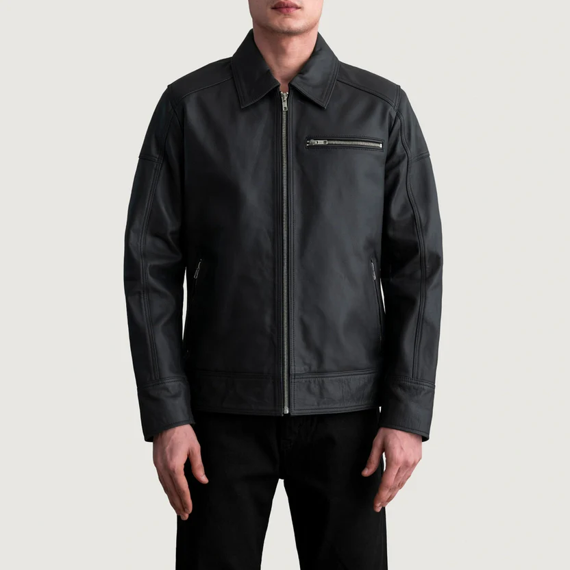 men classic biker jacket in brown and black real leather with zipper and button flap design