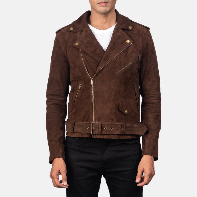 men classic biker jacket in black and brown real leather with zipper and belt design