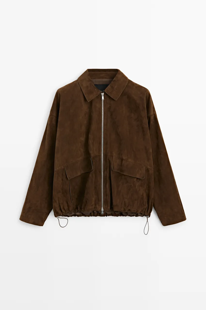 Oversized Suede Leather Jacket | Brown Bomber Jacket - Image 4