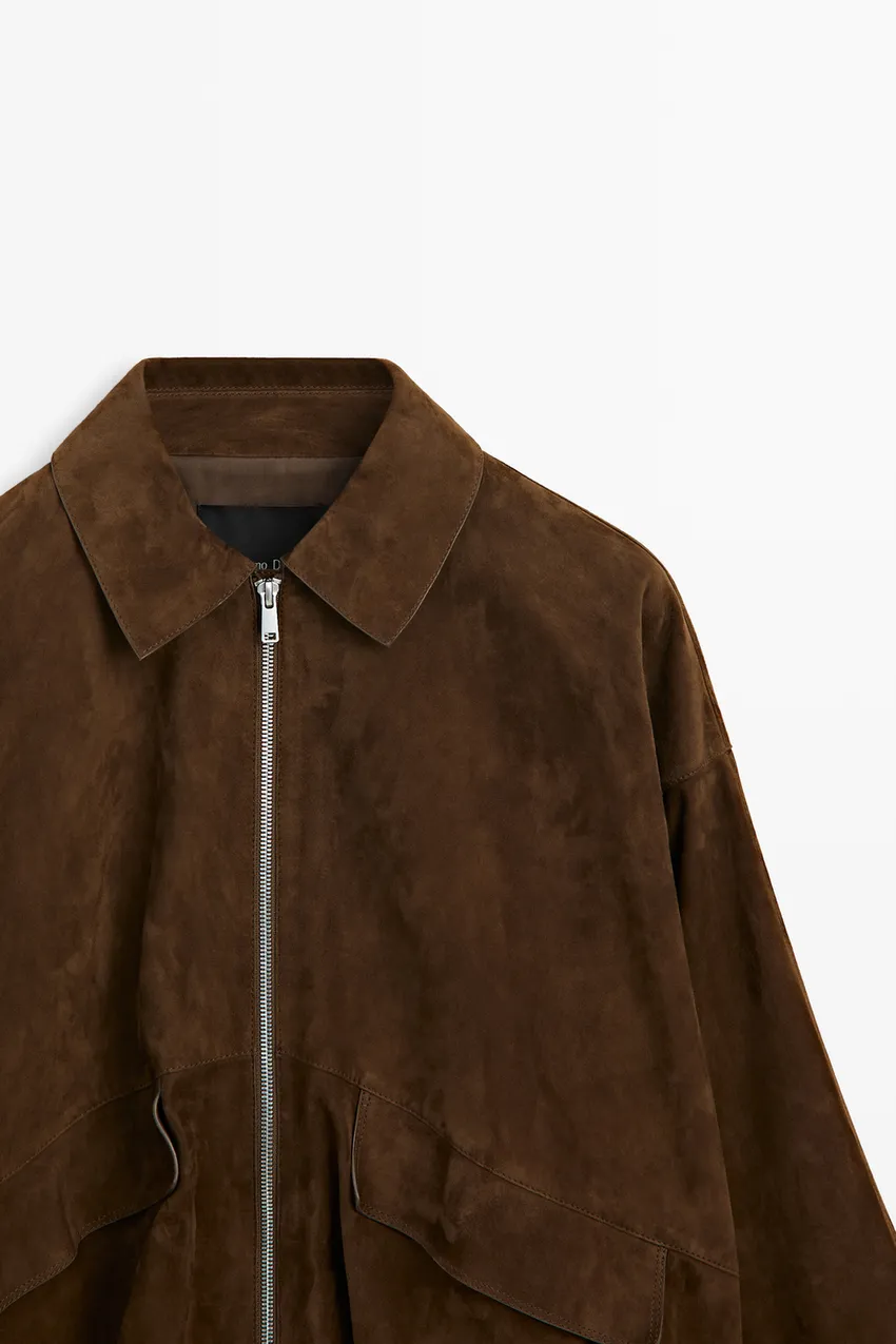 Oversized Suede Leather Jacket | Brown Bomber Jacket - Image 5