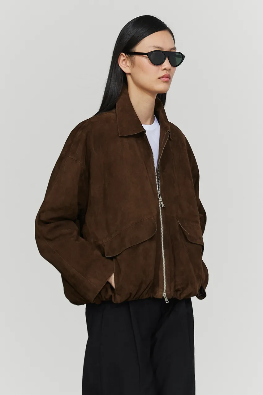 Oversized Suede Leather Jacket | Brown Bomber Jacket - Image 2