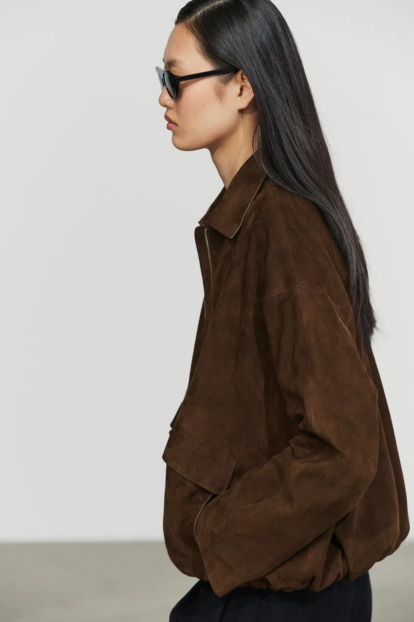 Oversized Suede Leather Jacket | Brown Bomber Jacket - Image 3